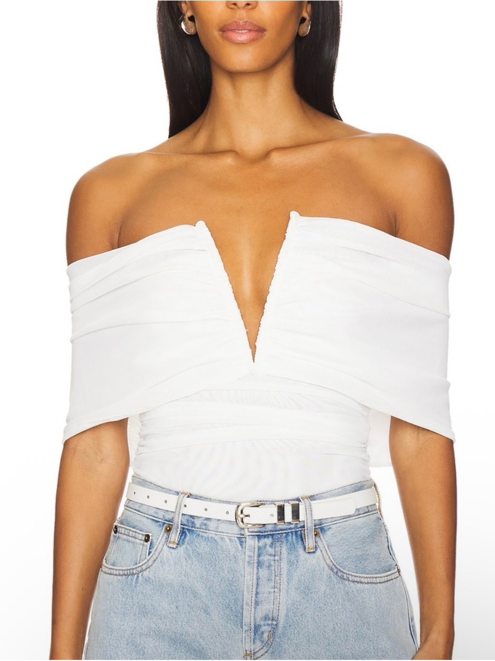 Ruched Off-Shoulder White V-Plunge Ivory Women’s Bodysuit